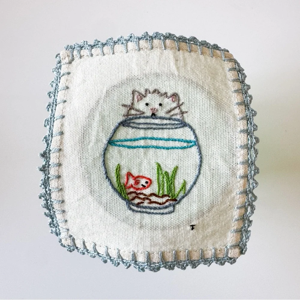 Embroidered Cat and Fishbowl Linen Cloth